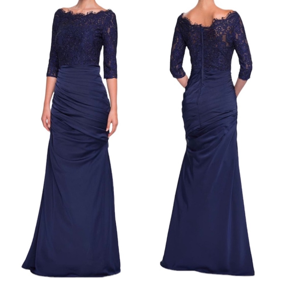 LA FEMME Sparkle Lace Trumpet Gown Navy Dress NEW Size 4